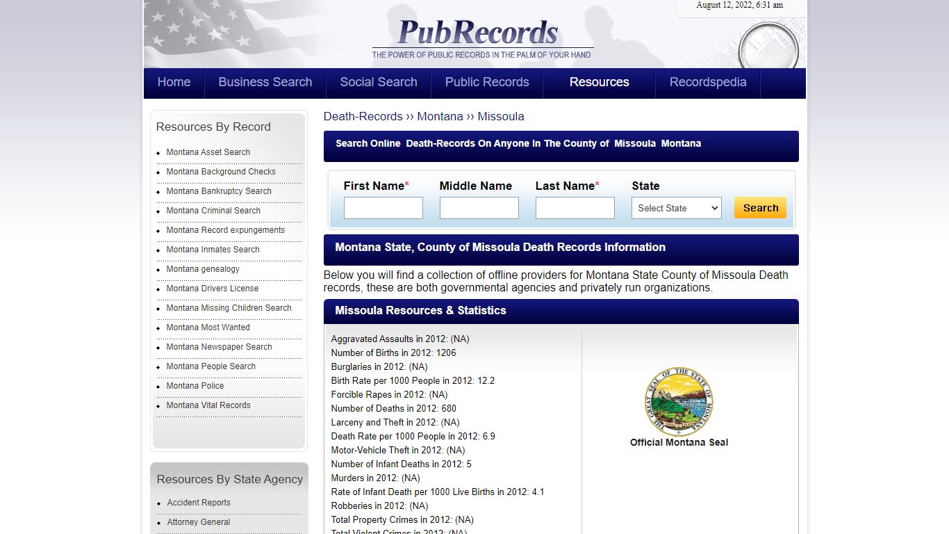 Missoula County, Montana Death Records