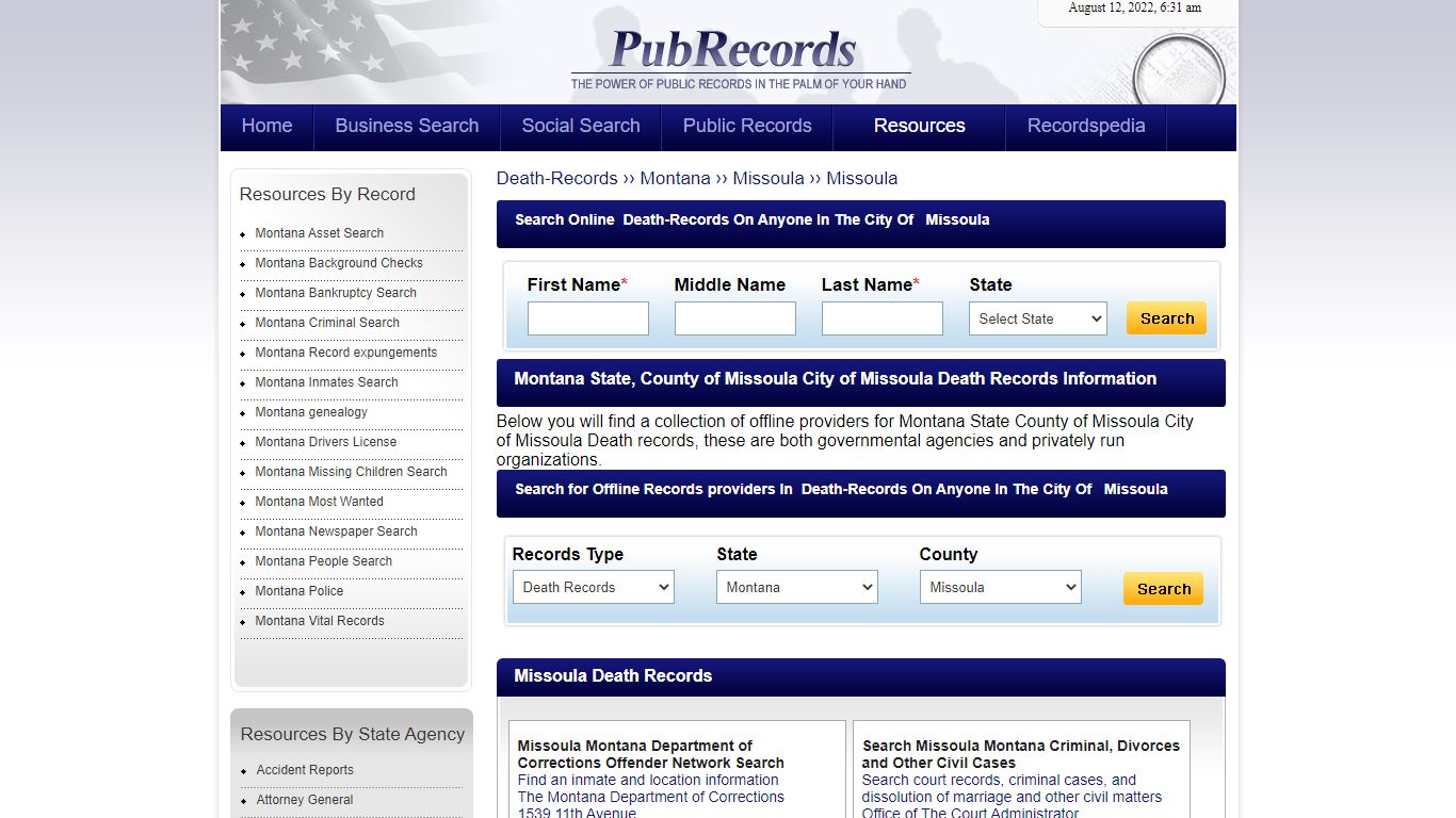 Missoula, Missoula County, Montana Death Records